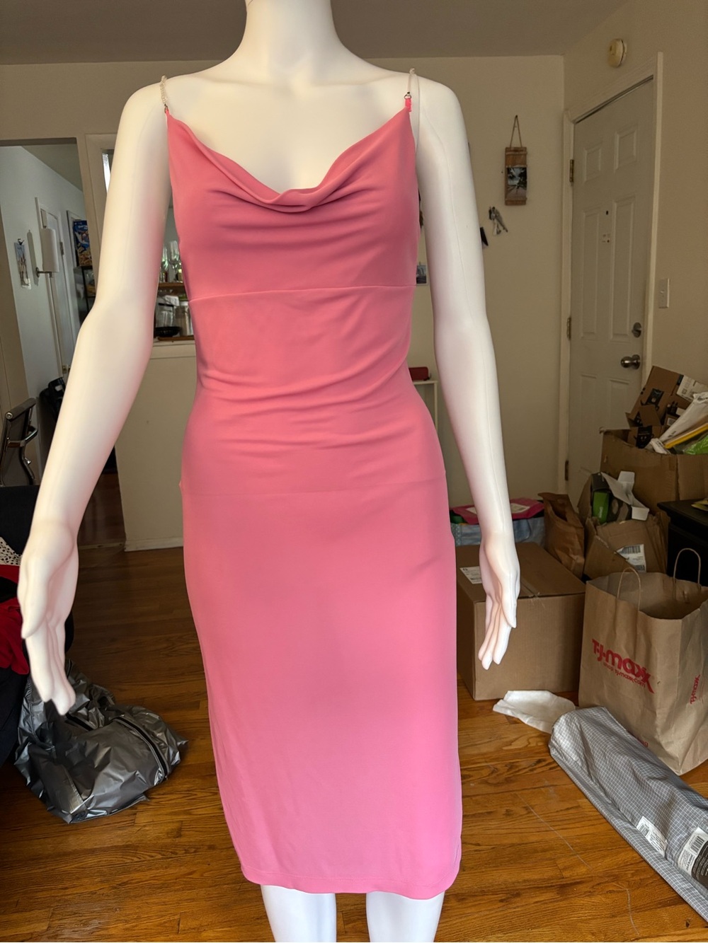 Pink Solid Slip Dress Cowl Neck Strappy Midi Women’s Size S/m stretch